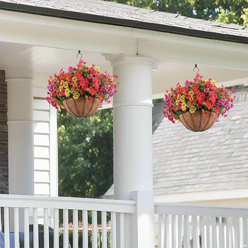 Hananona 2 Set Artificial Outdoor Flowers with Hanging Basket, 2 Hanging Planters with 24 Pcs Flowers for Spring Summer Front Porch Garden Patio Home Decor (2, Red, Purple, Yellow, Rose Red) thumbnail 5