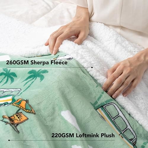 Berkshire Blanket Peanuts® Sherpa Blanket, 480gsm Warm Reversible Heavy Thick Blanket for Couch, Bed & Travel (Snoopy's Beachy Roadtrip Large Sage, King Size 90" x 108") thumbnail 4
