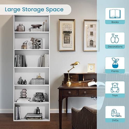GRUSIGN 71" Tall 6-Tier Bookshelf, Large Open Display Bookcase with Ample Storage, Floor Standing Book Shelf for Living Room, Home Office, Bed Room, White thumbnail 7