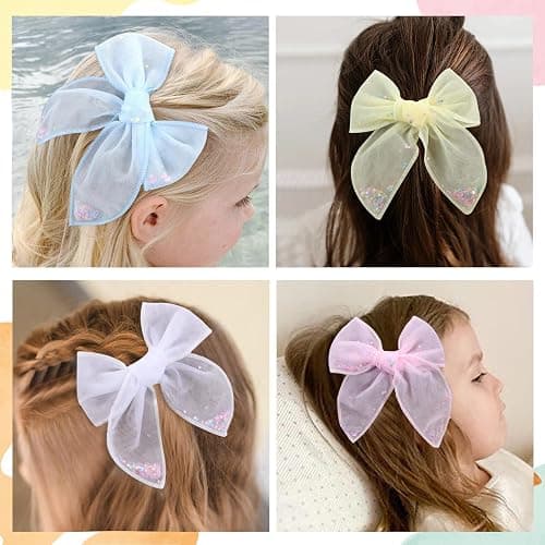 6 PCS Tulle Hair Bows for Girls, CN Toddler Bows with Glitter Star Alligator, Colorful Hair Barrettes Wedding Hair Accessories for Baby Girls Infants Toddler Teens Party (Type A) thumbnail 3
