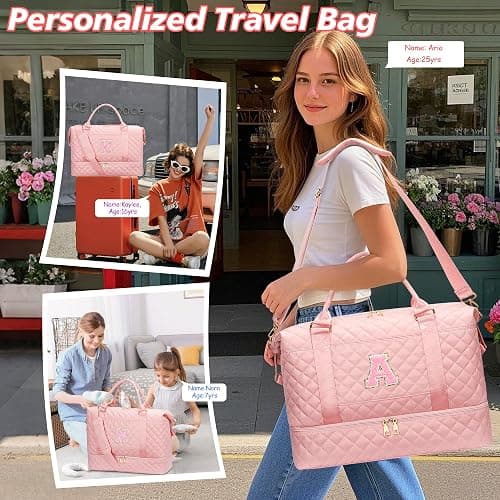 CLOUDWINGS Girl Gift-Women Birthday Gifts-Gifts for Teenage Girls Initial Travel Duffle Bag Quilted Weekender Overnight with Cosmetic Bag, Gym Bag with Shoe Compartment Personalized Bag, Pink A thumbnail 4