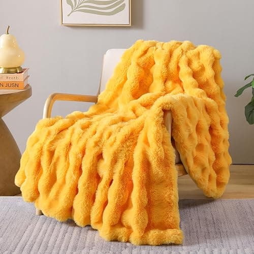 Smoofy Faux Fur Throw for Couch - Mustard Yellow Bubble Blanket 50"x60" | Fluffy Plush Fuzzy Throw for Sofa & Bed, Super Soft Cozy Comfort Blanket, Luxury Aesthetic Yellow Decor Gift for Women - Image 1