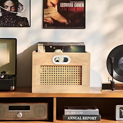 LELELINKY Vinyl Record Storage Crate, Rattan Wooden Record Crate for Vinyls, Vinyl Record Holder with Handle, Multifunctional Records Stand Holder Vinyls Organizer for 75 LPs, Natural thumbnail 9