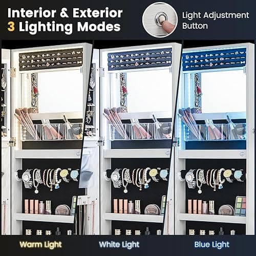 CHARMAID LED Mirror Jewelry Cabinet, Lockable Jewelry Armoire with Adjustable Lighted Full Length Mirror, 3 Lighting Sets, Wall Mounted Door Hanging Jewelry Storage Organizer (Grayish White, 42.5''H) thumbnail 4