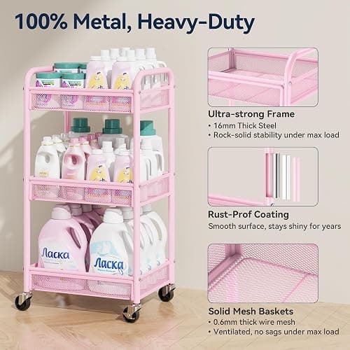 YASONIC 3 Tier Rolling Cart – Metal Utility Storage Cart with Wheels, Craft Cart Organizer with Hanging Cups, Hooks, Mesh Basket for Bedside Kitchen Office Art, Pink thumbnail 3
