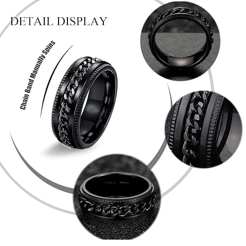 EIELO 9Pcs Stainless Steel Band Rings for Men Women Cool Fidget Spinning Chain Ring Anxiety Relief Fashion Simple Wedding Engagement Black Ring Set thumbnail 2