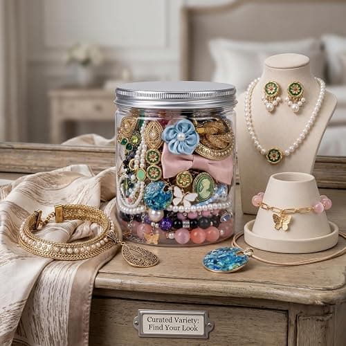 Monwssoe 40 Pieces Mystery Jewelry Jar Set - Assorted Vintage, Modern & Boho Jewelry Mystery Jar Including Necklace, Earrings, Ring, Gold thumbnail 3