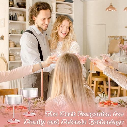 XUWAIDSGN 12 Pcs Champagne Martini Glasses 9 Oz with Gilded Removable Gold Rim Coupe Glasses Pink Martini Glasses Plastic Mimosa Vintage Coupe Glasses Set For Wedding Anniversary (12, Ribbed Pink) thumbnail 7