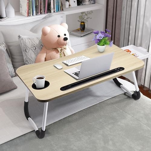 Slendor Lap Desk with Tablet Slot, Foldable Laptop Table with Storage Drawer，Portable Bed Desk for Laptop, Computer Tray with Cup Holder Notebook Stand Reading Holder for Couch Floor, White Maple thumbnail 4