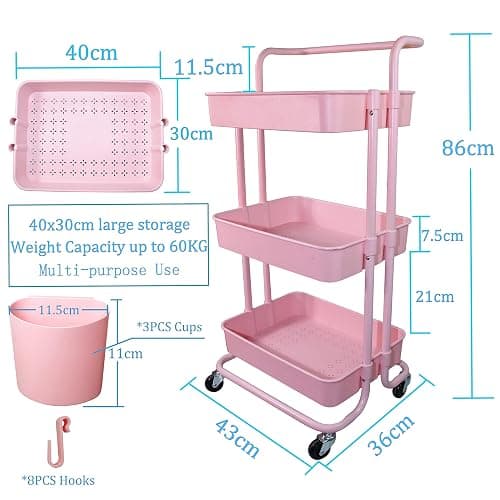 Piowio 3 Tier Utility Rolling Cart Multifunction Organizer Shelf Storage Cart with 3 Pieces Cups and 8 Pieces Hooks for Home Kitchen Bathroom Laundry Room Office Store etc. (Pink) thumbnail 3