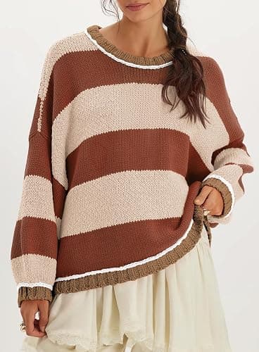 Fnortc Women's Chunky Knit Striped Sweaters Casual Long Sleeve Crew Neck Oversized Pullover Sweater Winter Fall Spring Tops thumbnail 3