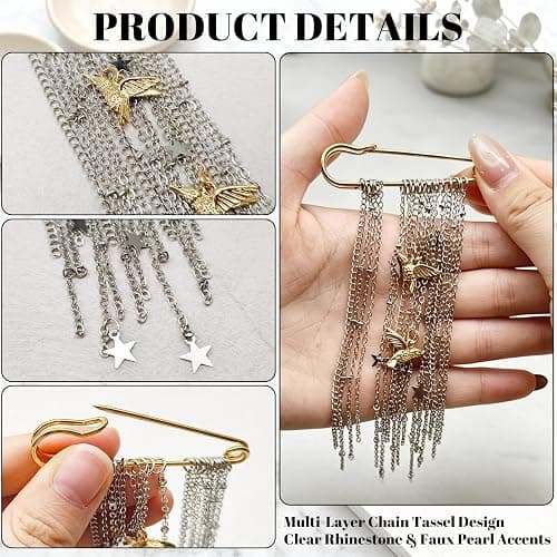 Hopodix Silver Tassel Chain Brooch Gold Safety Pin with Peace Dove Charm Brooch Vintage Lapel Pin Coat Suit Accessories Party Gift thumbnail 2