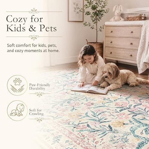 Wonnitar Pink Rugs for Nursery, 5x7 Washable Rug for Bedroom Girls, Boho Soft Floral Carpet Non Slip, Indoor Ultra-Thin Floor Carpet for Baby Kids Room Living Room Dorm Decor thumbnail 8