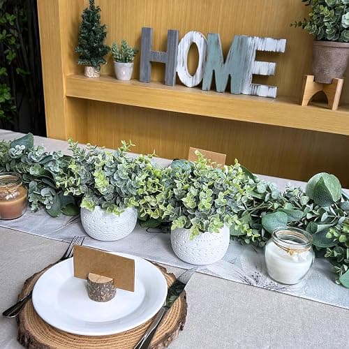 Winlyn Set of 2 Small Artificial Potted Plants Faux Eucalyptus Plant in White Geometric Ceramic Pots Small Desk Potted Plants 7.1" Tall for Home Office Room Decorations Wedding Greenery Centerpiece thumbnail 9