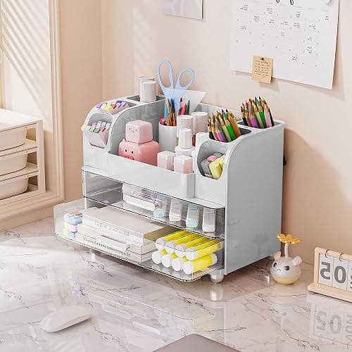 Delamu Makeup Organizer Countertop with 6 Brush Holder, Bathroom Countertop Organizer with 2 Large Drawers, Cosmetic Display Case for Vanity, Ideal Christmas Gifts for Women Girls, Light White thumbnail 8