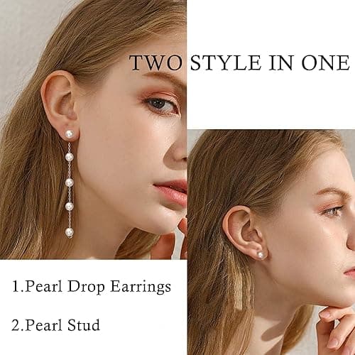 Trinckle Pearl Earrings for Women, Gold Pearl Drop Earrings Dainty Silver Dangle Earring for Wedding, Bow Stud Jewelry as Christmas Gifts Statement Silver Hoop Bride Earring as Boho Prom Accessories thumbnail 4