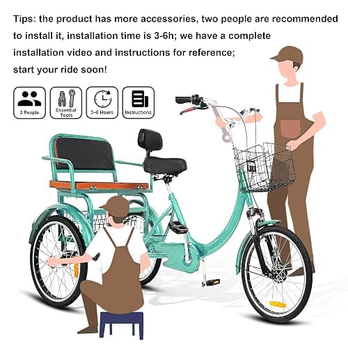 MOOITZ Adult Tricycle, 20 Inch 3-Wheel Bikes, Trike for Adults with Seat, Low Step-Through Cruiser Bike with Front and Rear Baskets, Adult Tricycles for Women, Seniors, Men thumbnail 8
