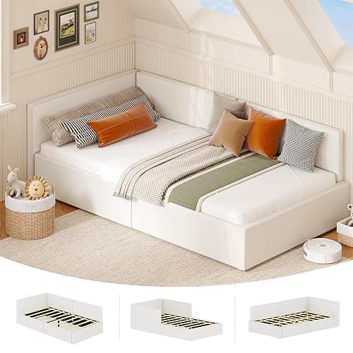 GarveeHome Twin Daybed with Bed Rails, Velvet Upholstered Corner Bed Frame with Headboard, Modern Kids Bed with Guardrail for Living Room, Bedroom, Easy Assembly, Beige - Image 1