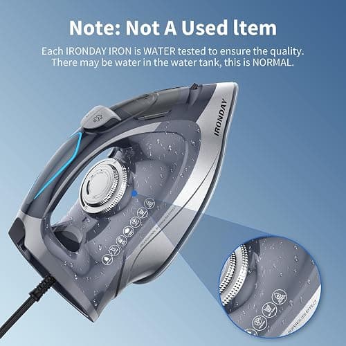 IRONDAY Steam Iron for Clothes Rapid Heating, 1700W Iron Burst of Steam, Non-Stick Ceramic Soleplate, Auto shutoff, Anti-Drip, Self-Cleaning, 10.14oz Water Tank Ironing Clothes for All Fabrics, Grey thumbnail 2