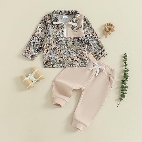VISGOGO Toddler Baby Boy Hunting Outfit Duck Half Zip Long Sleeve Sweatshirt Pants Set 2 Fall Camouflage Clothes thumbnail 2