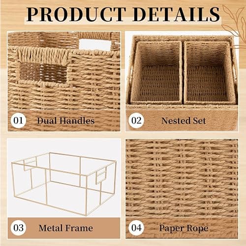 OIAHOMY Wicker Baskets for Organizing, Large and Small Shelf Baskets Set, Handwoven Bins for Storage,Paper Rope Home Organizers, Set of 3-Yellow thumbnail 4