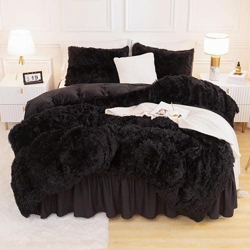Andency Queen Comforter Set Black, Fluffy Winter Faux Fur Warm Soft Plush Bedding Comforter Set (1 Velvet Comforter & 2 Pillowcases), Fuzzy Thick Heavy Puffy Comforters Bed Set - Image 1