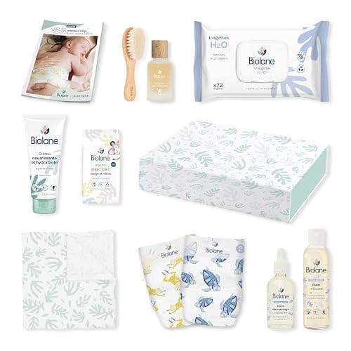 BIOLANE - Coffret Cadeau Naissance Biolane - 10 Essentiels Bébé : Couches Biolane, Lingettes H2O, Lange Doux, Soins, Eau de Toilette - Coffret Naissance Complet pour Nouveau-né et Jeunes Parents - Image 1