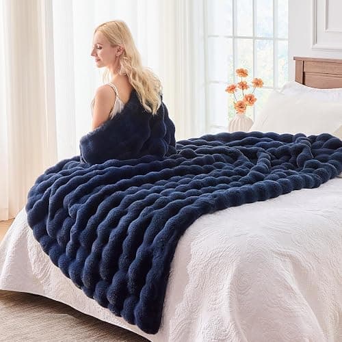 BENVWE Fluffy Faux Fur Throw Blanket for Couch, Soft Plush Thick Cozy Fuzzy Luxury Minky Bubble Blanket for Home Living Room Decor Gift for Women, Navy Blue, 63" x 80", 1100GSM thumbnail 5