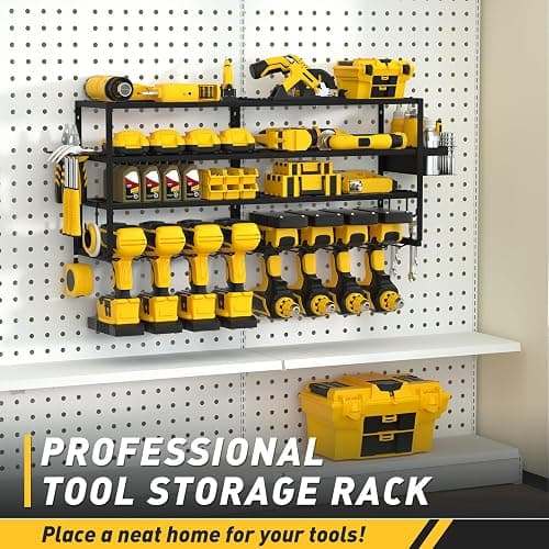 Large Power Tool Organizer Wall Mount for Fathers Dad, 4 Layers Heavy Duty Metal Garage Organization Loads 360lbs with 8 Cordless Drill Holder,Power Tool Shelf for Garage Workshop, UtilityRacks thumbnail 8