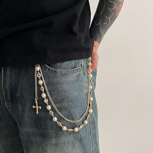 Luxurious Layered Pants Wallet Chains - Rhinestone Cross Gemstone flower Pearl Pocket Chain - Jean Trouser Accessories thumbnail 3