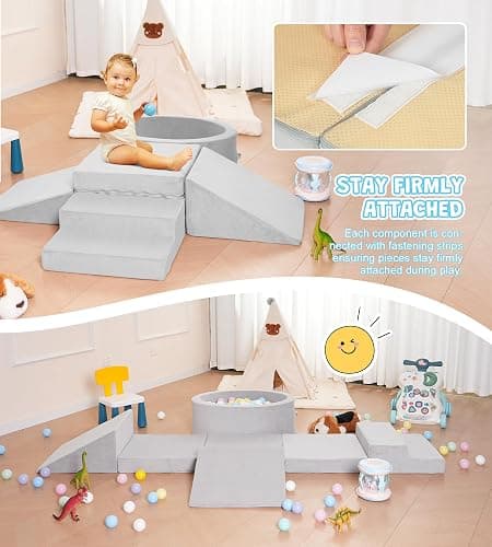 Elftopia Foam Climbing Blocks with Ball Pit & Stairs for Toddlers Aged 1-3 -Soft Playset for Indoor Crawling, Foam Playground Set for Baby to Active Playing Inside -(Balls NOT Included),Grey thumbnail 6