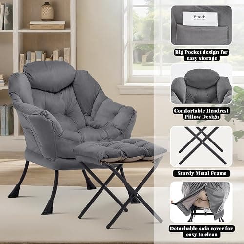 Aunekiv Lazy Chair with Ottoman, Comfy Accent Lounge Chair with Side Pocket, Modern Reading Armchair with Footrest, Upholstered Sofa Chair for Small Spaces, Bedroom, Living Room, Dorm, Darkgrey thumbnail 5