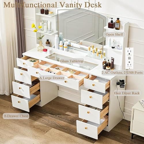 DalyLuxa 55" Vanity Desk with Mirror and Lights, Makeup Vanity with Power Outlet, White Vanity with 9 Drawers & 6 Storage Shelves for Bedroom thumbnail 5
