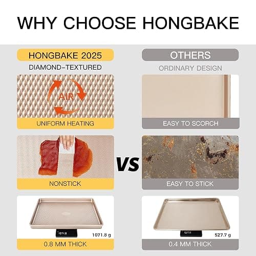 HONGBAKE Baking Sheet Pan Set of 3, Cookie Sheets for Oven, Nonstick Half/Quarter/Jelly Roll Pans with Diamond Texture Pattern, 0.8mm Thick Heavy Duty Cookie Tray, Champagne Gold thumbnail 6