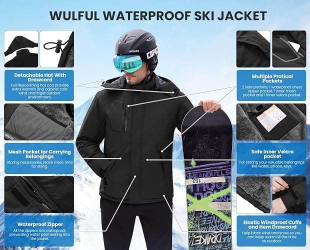 WULFUL Men's Waterproof Ski Jacket Warm Winter Coats Windproof Winter Jackets for Men Fleece Lined Windbreaker with Hood thumbnail 6