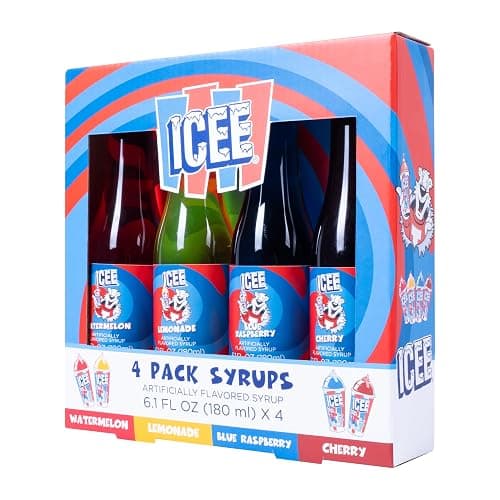 ICEE 4 Pack Slushie Syrups. Genuine ICEE Shaved Ice Snow Cone Syrup including Watermelon, Lemonade, Blue Raspberry & Cherry Flavors. 4 x 6.1floz. Perfect For Snow Cones, Slushies, Sodas & Ice Pops. thumbnail 8