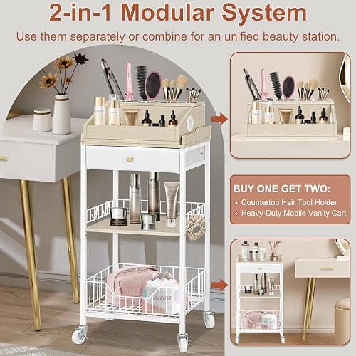 NauwaBarn Makeup Organizer Cart with Removable Cosmetic Display Case, Large Makeup Cart with Drawer and 4 SS Tool Cups, 2-in-1 Vanity Organizer for Skincare Perfume Nail Polish Brush, White & Natural thumbnail 3