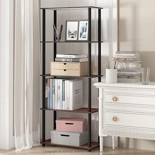 Furinno TURN-N-TUBE Storage Shelves, 5-Tier Book Shelf, Corner Shelf, Toolless Open Shelves, for Organization and Storage, Living Room, Garage, Home Office, Dark Cherry thumbnail 2