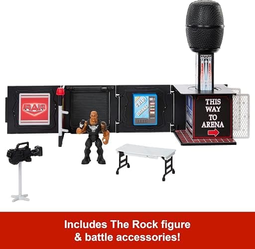 Mattel WWE Knuckle Crunchers 2-in-1 Microphone & Playset with Action Figure & 2 Accessories, Final Boss Set with 3.25-inch The Rock thumbnail 5