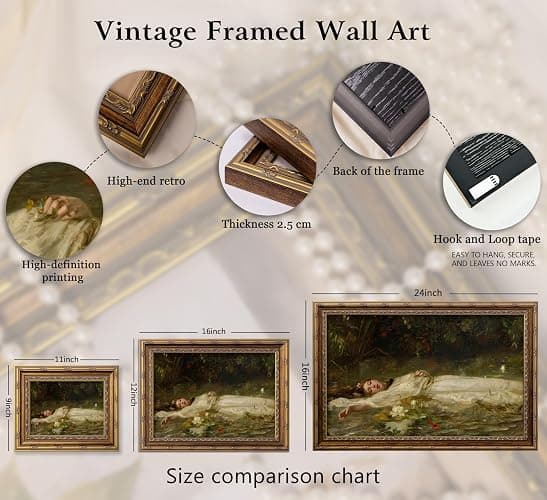 Vintage Gold Framed Ophelia Canvas Wall Art Gothic Dark Academia Pond Lotus Painting Picture Wall Decor Retro Romantic Victorian Antique Woman Poster Print Artwork for Living Room Bedroom Bathroom thumbnail 2