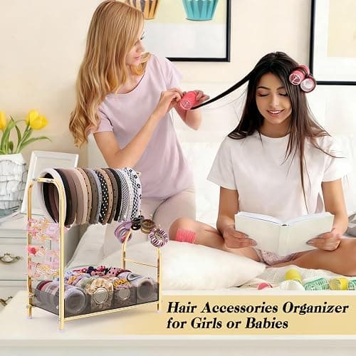 Keebofly Acrylic Hair Accessories Organizer, Versatile Headband Holder Stand for Scrunchies, Bows, Claw Clips, Hair Tie, Compact Hair Organizer Storage for Girls, Women, Babies, Amber & Gold-Plated thumbnail 2