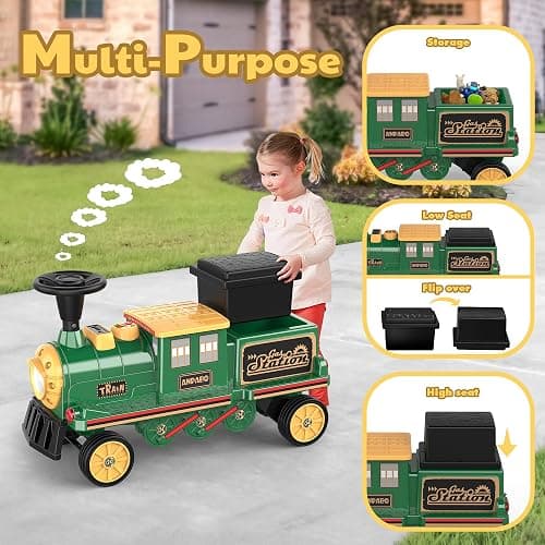 ANPABO 2-Seater Ride On Train Trackless, 12V Kids Car with Height-Adjustable Seat, Extra Storage, Headlight, Train Whistle & Music, Electric Car for Kids 3+ (Carriage Not Included), Green thumbnail 3