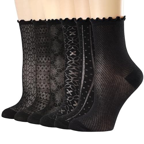 Mcool Mary Women's Ruffle Socks Mesh Casual Lace Cotton Ankle Ultra Thin Frilly Crew Socks for Women 6 Pairs - Image 1