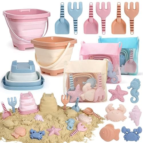 Dreamon Beach Toys Set for Kids 3-10, Collapsible Sand Buckets with Beach Molds and Mesh Bag, 3 Pack Shovels Set Sand Toys for Beach, Sandbox Travel Toys for Toddlers Kids - Image 1