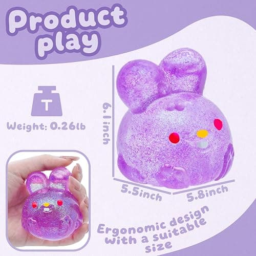 Stress Relief Purple Glitter Bunny Squeeze Toy - Anxiety Calming Sensory Fidget Toy for Kids & Adults, Soft Squishy Ball for ADHD Autism, Jelly Hops thumbnail 3
