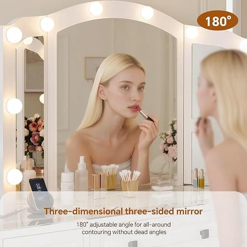 senlin Makeup Vanity with 3-Way Mirror, Retro Dressing Table with Lights, 7-Drawer Vanity Desk for Women & Girls, Vintage Vanity with Glass Top for Bedroom, Light White thumbnail 5