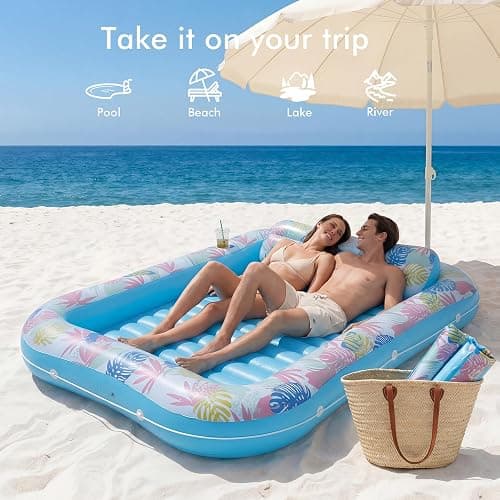 Tanning Pool Lounger Float, OKSUWATER 87" x 63" Pool Floats Adult with Headrest & Drink Holder, Blow-Up Bed Sun Tan Tub for Sunbathing, Beach, Backyard, Outdoor, Summer Water Party (Blue-XL) thumbnail 5