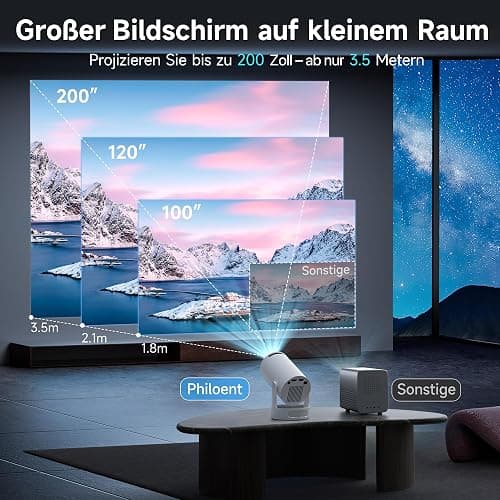 Mini Beamer, Philoent Smart Projektor 4K/1080P Unterstützt Neueste Apps WiFi 6 Bluetooth 5.4 Auto Screen Trapezkorrektur Niedriges Rauschen, Ultrakurzdistanzbeamer bietet großes Bild im kleinen Raum thumbnail 2