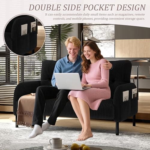 WDYLWFHW Black Small Loveseat Couch, Modern Soft Love Seat, Corduroy Upholstered Sofa, Comfy Bedroom Mini Couchs with Metal Legs and Side Pockets for Living Room Bedroom, Dorm, Apartment (Black.) thumbnail 7