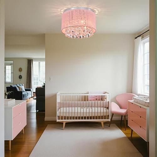 LaLuLa Pink Chandelier Drum Flush Mount Chandelier Crystal Ceiling Light Fixture 3 Light Bedroom Chandelier thumbnail 3